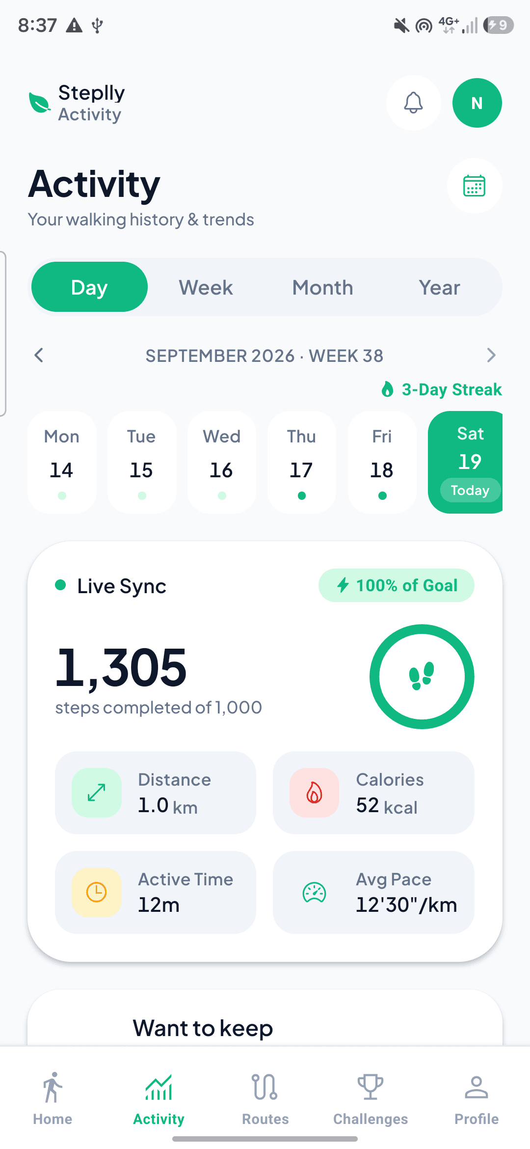 Steplly activity screen showing daily step history, streak, and weekly stats