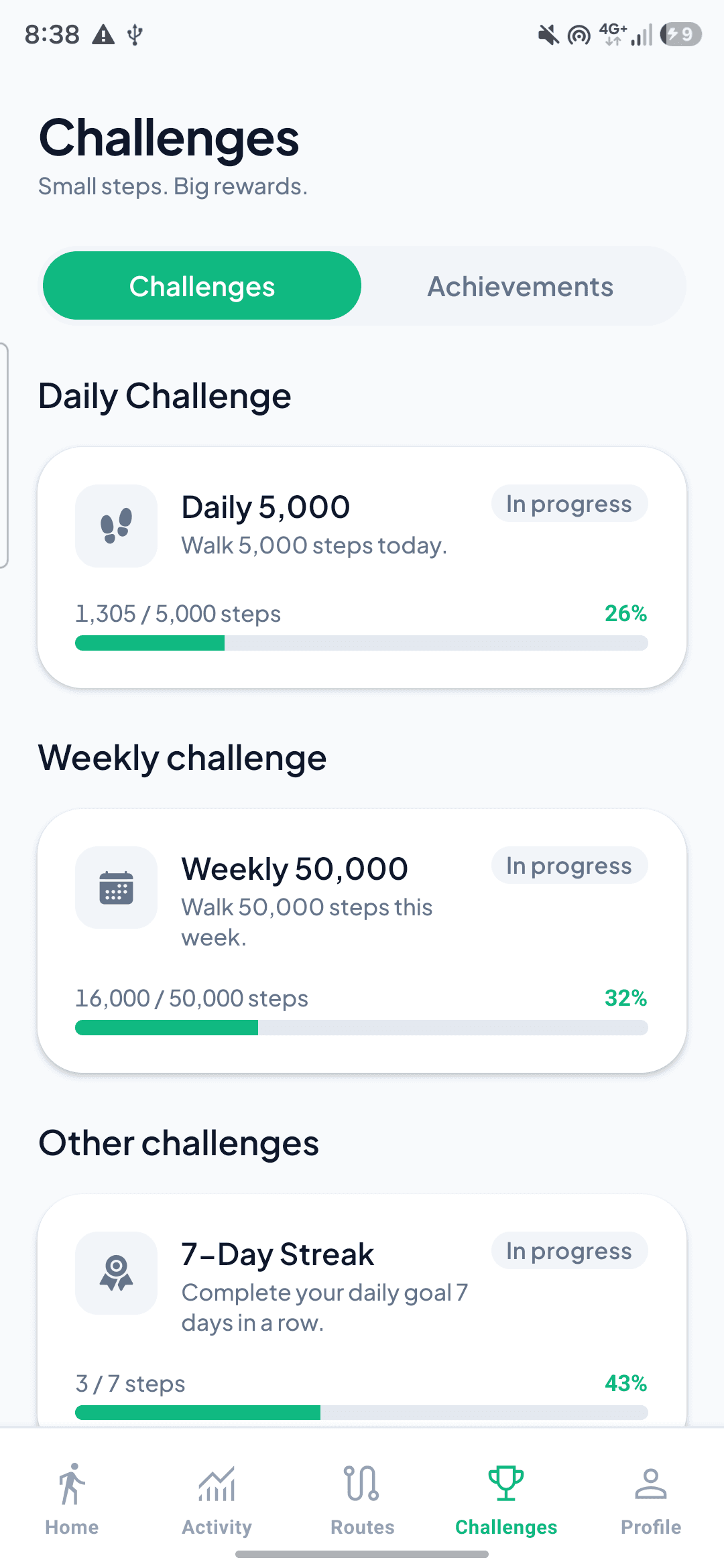 Steplly challenges screen showing daily, weekly, and streak challenge progress bars