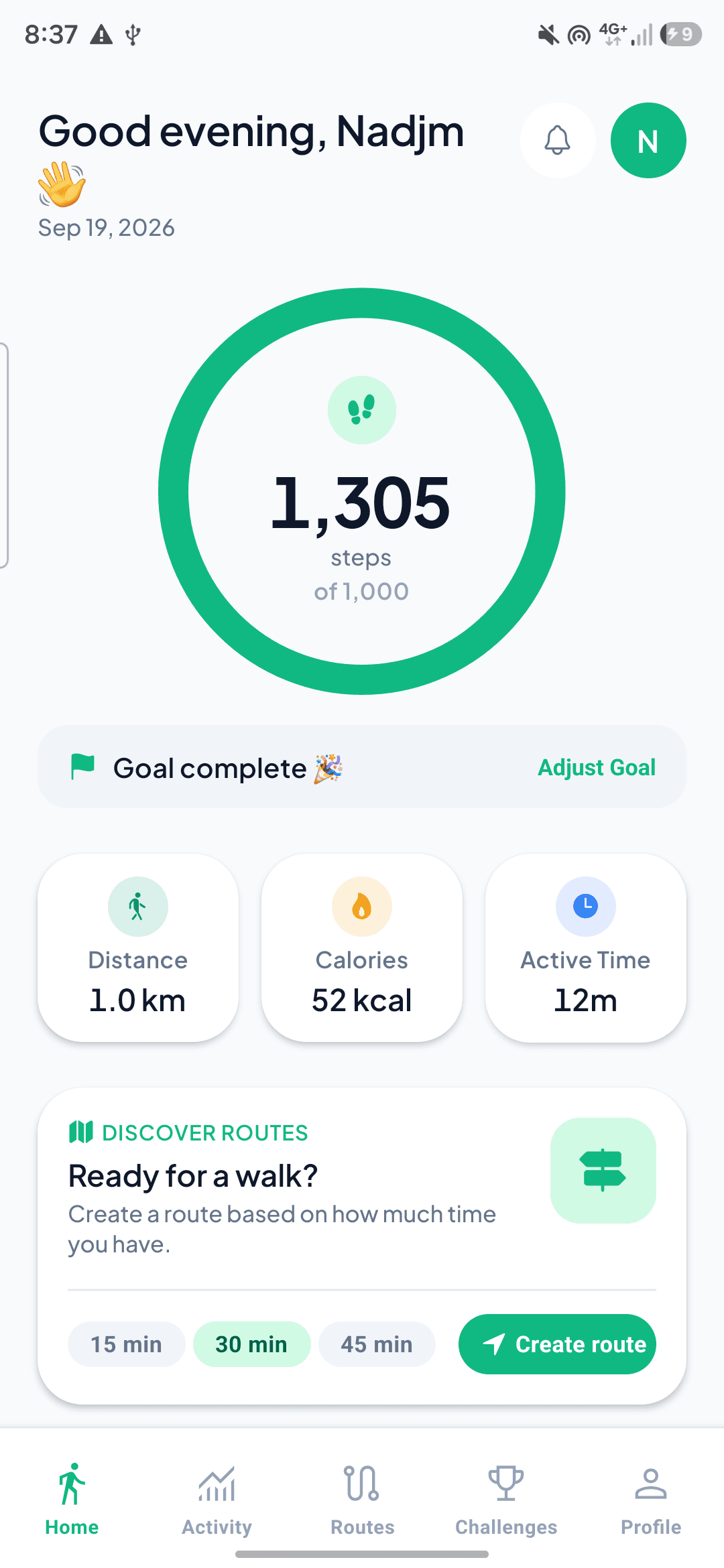 Steplly home screen showing today's step count, goal progress ring, and daily stats